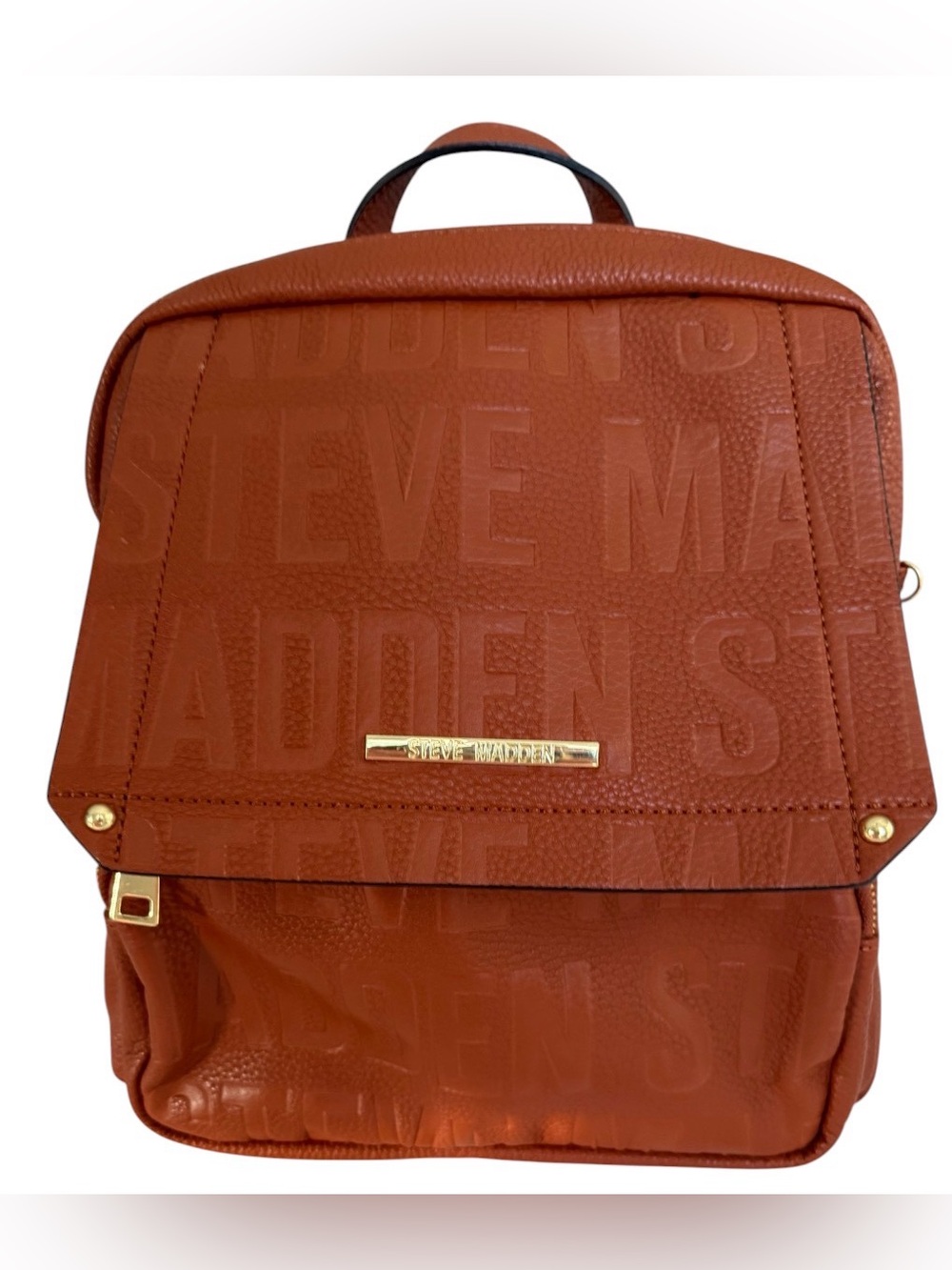 Steve Madden BTAMPA Cognac Brown Embossed Logo Backpack Purse Gold Hardware - Picture 2 of 15